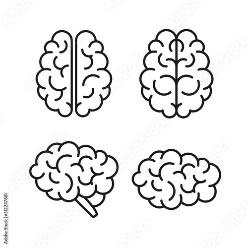 Set of four icons of human brain. Lateral and superior views of cerebrum. Vector illustration of outline style are isolated on white background.