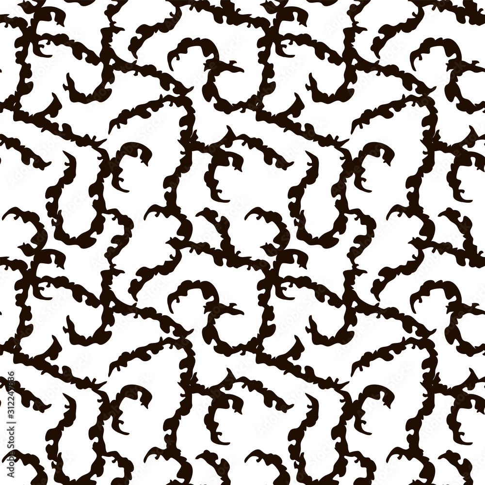 Vector contrasting seamless pattern with black curls in a curvy line on a white background.