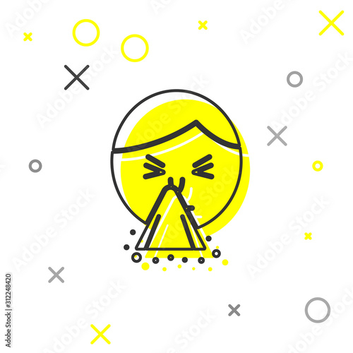 Grey line Man holding handkerchief or napkin to his runny nose icon isolated on white background. Coryza desease symptoms. Vector Illustration