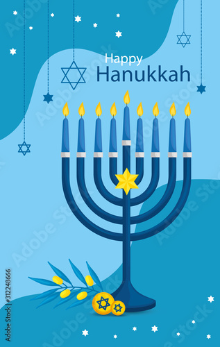 happy hanukkah with chandelier and icons vector illustration design