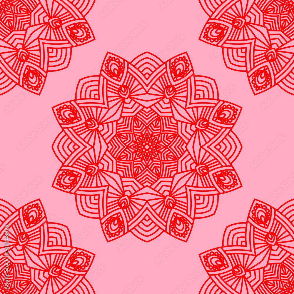 Fototapeta premium Fantasy seamless pattern with ornamental mandala. Abstract round doodle flower background. Floral geometric circle. Vector illustration. 