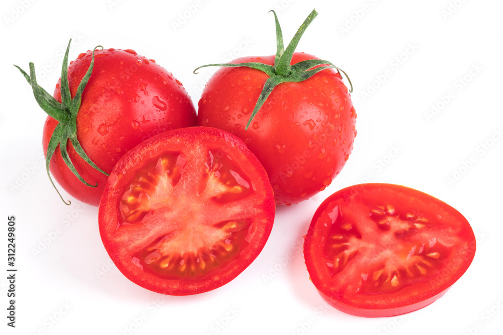 Fresh red tomatoes isolated on white background. Whole and a half Fresh red tomatoes isolated on white background. Whole and a half