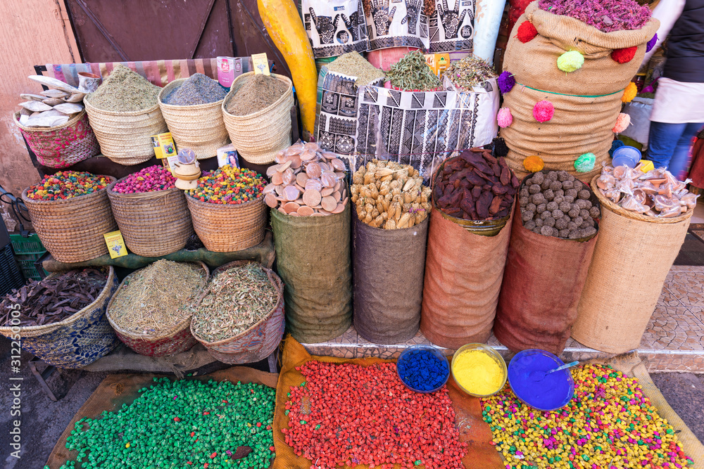Spices for cooking and tea. Street market in Marrakech or Fes, Morocco, Africa. Moroccan cuisine Moroccan traditional market in medina. Nice gift for travelers