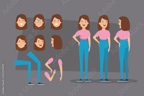 young woman with body parts characters vector illustration design