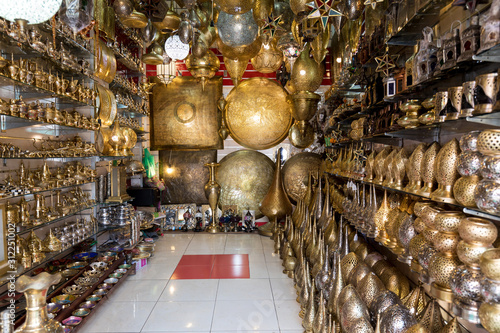 Moroccan style hanging lamps at the market in medina. Lamps and souvenir shops  Marrakech. Traditional moroccan market  Morocco in Africa. Store in Marrakech or Fes taken in December 2019 Nice gift