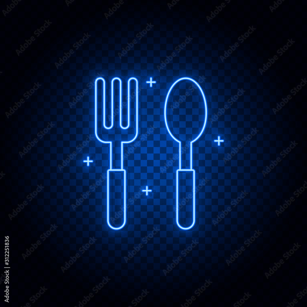 fork spoon neon icon. Blue neon vector icon. Transparent background. fork spoon neon icon. Blue neon vector icon. Transparent background.