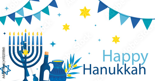 happy hanukkah with chandelier and icons vector illustration design