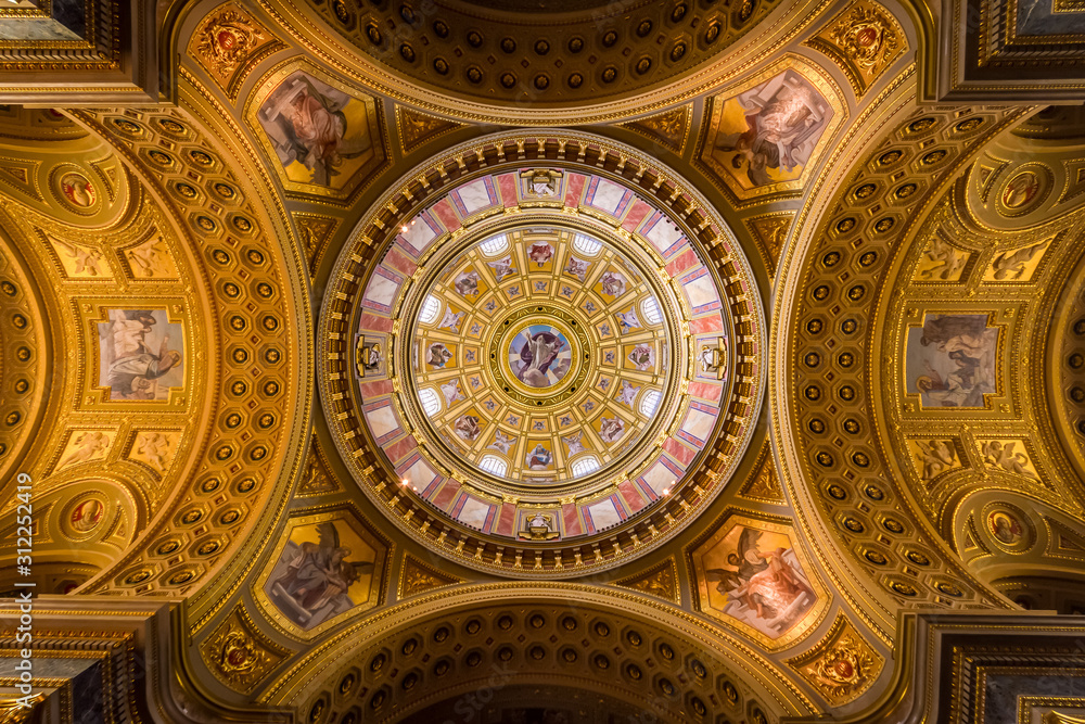 Europe, Hungary, Budapest, Cupola of St STephen Basilica. Historical building, Religion. Frescos