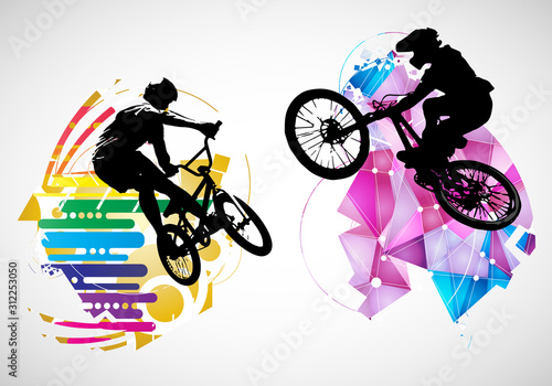 Active men. BMX riders in abstract sport landscape background, vector.