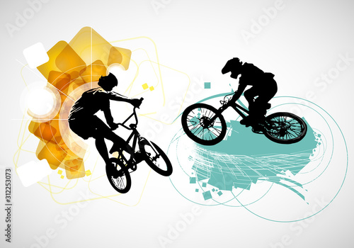 Active men. BMX riders in abstract sport landscape background, vector.
