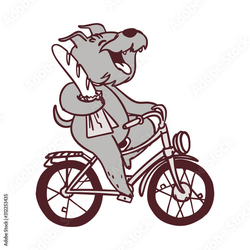 A cute dog on a bike with a baguette. Postcard with happy terrier.