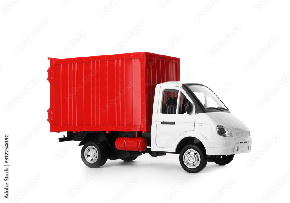 Toy truck isolated on white. Logistics and wholesale concept