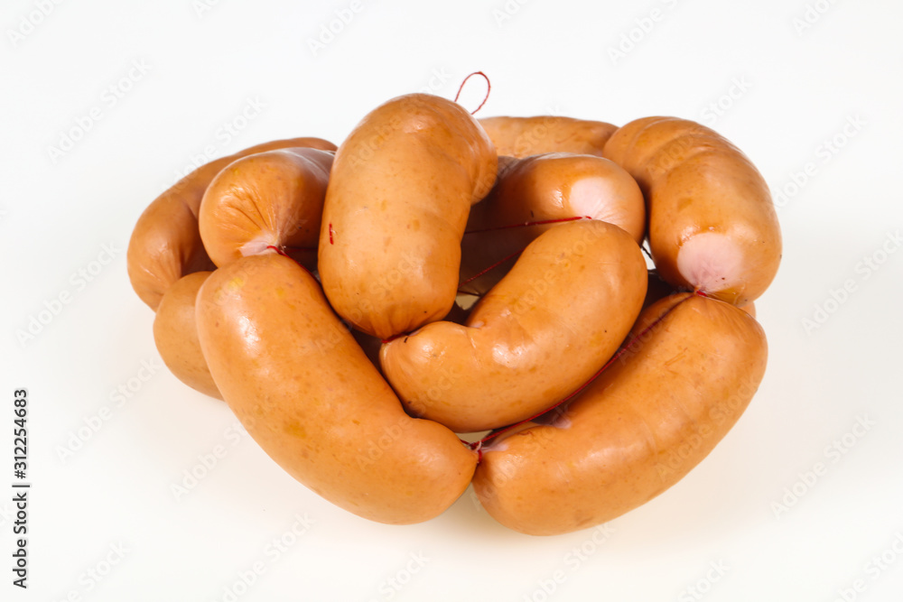 Tasty meat sausages over white background Tasty meat sausages over white background