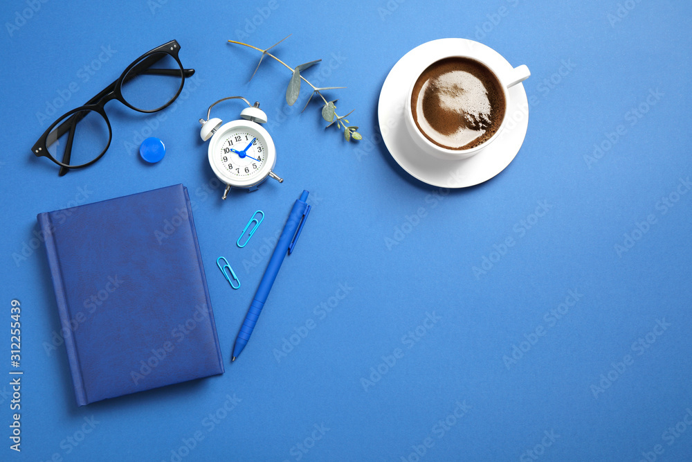 Flat lay composition inspired by color of the year 2020 (Classic blue). Space for text Flat lay composition inspired by color of the year 2020 (Classic blue). Space for text