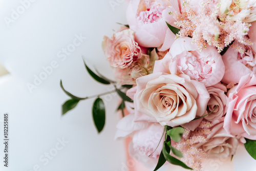 Bouquet of pink beautiful fresh peonies  copy space
