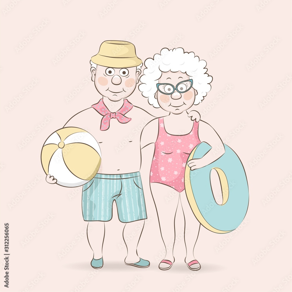 Elderly couple of tourists on the beach.Grandmother with a lifebuoy and grandfather with a ball.Vector illustration in a cartoon style. Elderly couple of tourists on the beach.Grandmother with a lifebuoy and grandfather with a ball.Vector illustration in a cartoon style.