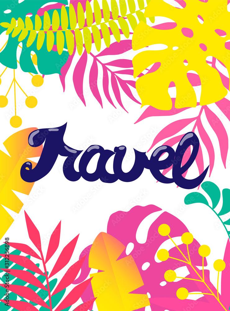 vector neon illustration with Travel sign. Palm leaves and berries. Fantastic background vector neon illustration with Travel sign. Palm leaves and berries. Fantastic background