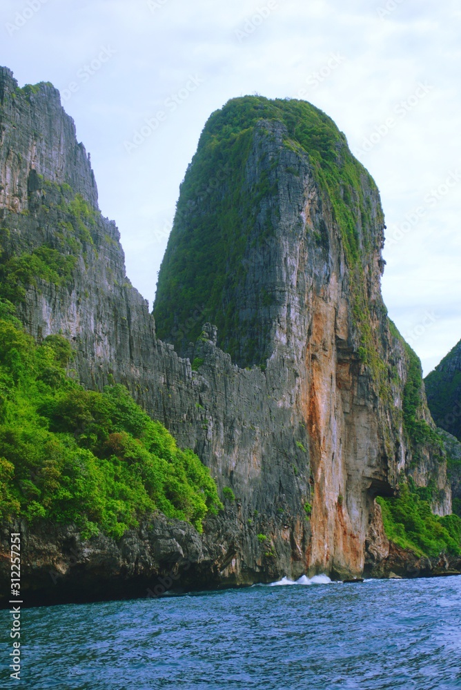Stone cliffs on the coast of Phi Phi islands, Thailand.