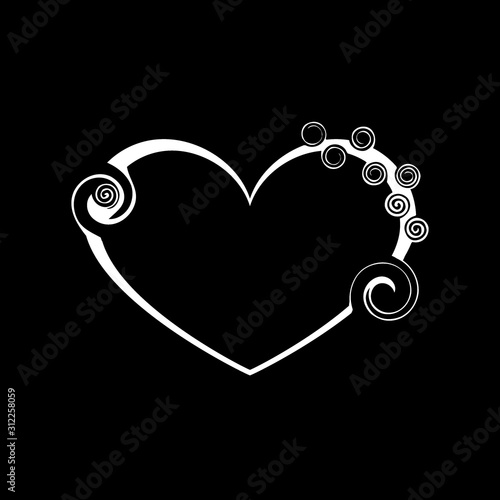 Tender black heart made of spirals and monograms in vintage style.
