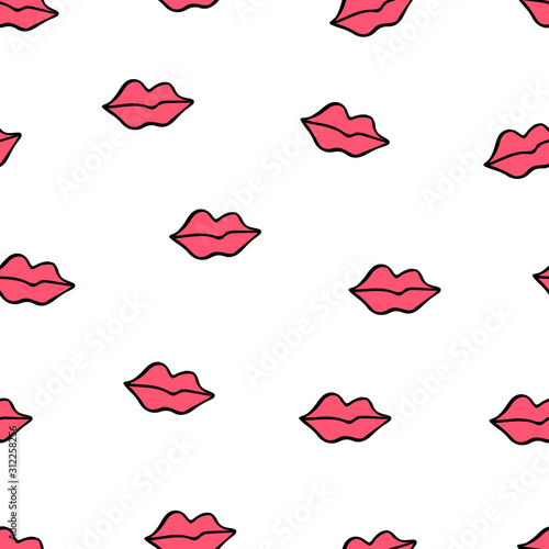 Seamless pattern with doodle red lips.  Vector illustration