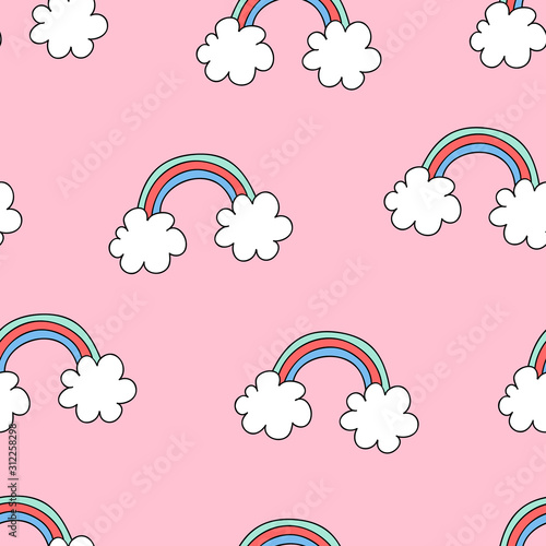 Cute colorful seamless pattern of hand drawn doodle elements on pink background. Rainbow pattern. Vector illustration