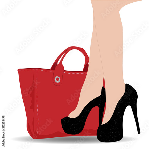Beautiful female legs in black shiny shoes. Fashionable red bag stands nearby. Vector art