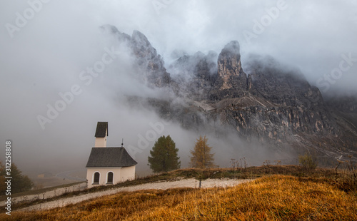 The church of cappella di san Maurizio at the Passo gardena pass in the Dolomites of the South Tyrol in Italy.