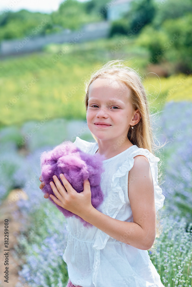 Fototapeta premium Children in lavender field catching cloud of wool.