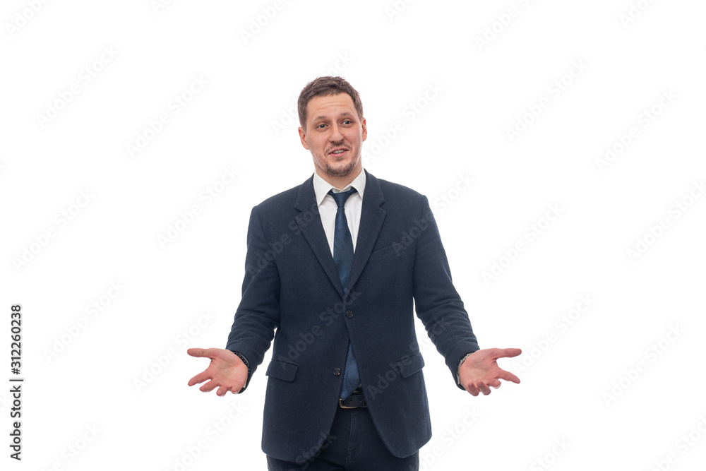 Shot of a young businessman with hand gesture calls for action , isolated Shot of a young businessman with hand gesture calls for action , isolated