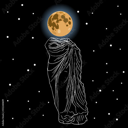 Isolated vector illustration. Full moon as goddess of starry night sky. Nyx or Selene. Luna or Hecate.
