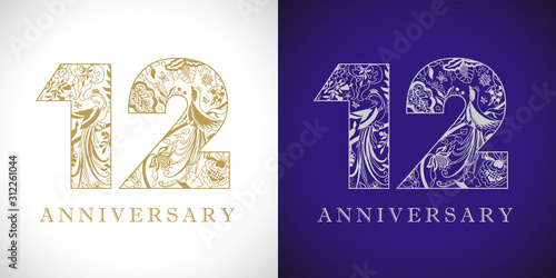 12 years old logotype. 12 th anniversary numbers. Decorative symbol. Age congrats with peacock birds. Isolated abstract graphic design template. Royal golden digits up to 12% -12% percent off discount