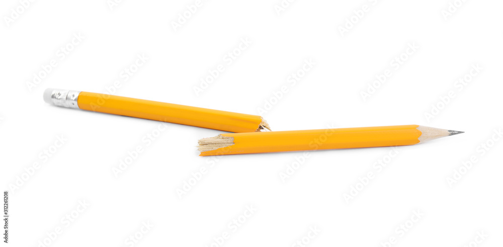 Broken graphite pencil with eraser isolated on white Broken graphite pencil with eraser isolated on white