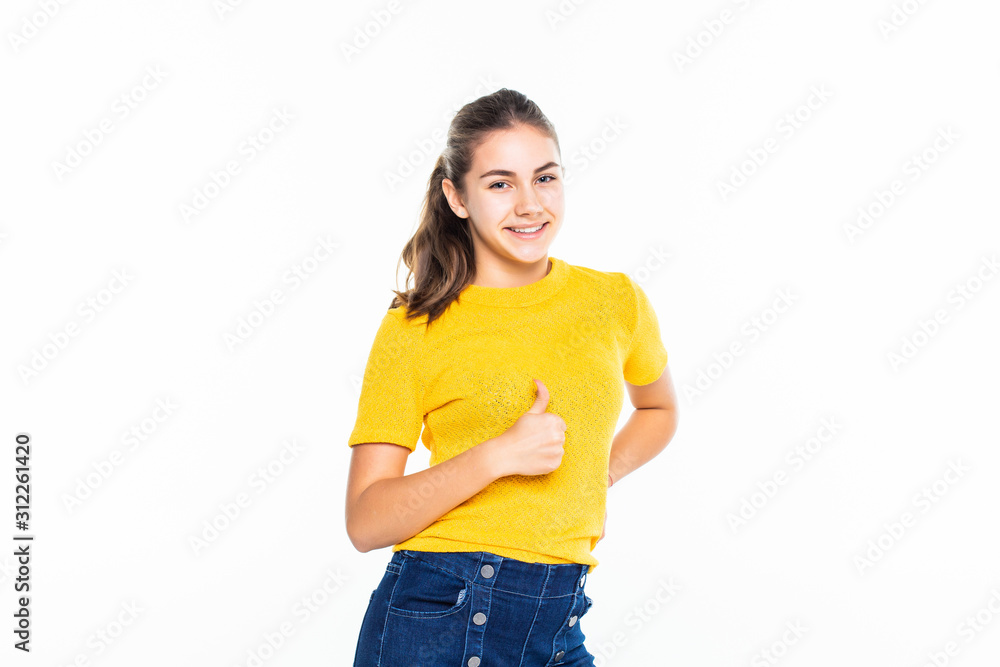 Beautiful young woman with thumbs up isolated on white background Beautiful young woman with thumbs up isolated on white background
