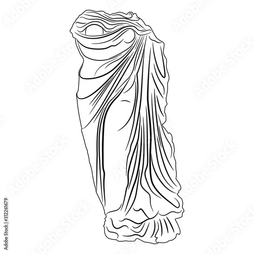 Isolated vector illustration. Sculpture of ancient Greek or Roman goddess. Headless draped female torso. Black and white linear silhouette.