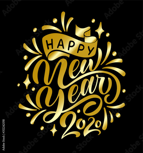 Vector lettering illustration. New Year postcard with golden modern calligraphy text Happy New Year 2020 with ribbon and shining stars isolated on black background.