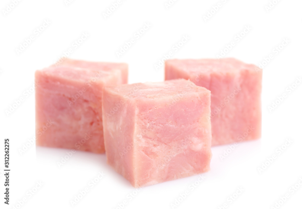 Cubes of tasty fresh ham isolated on white Cubes of tasty fresh ham isolated on white