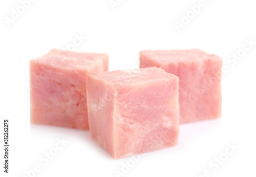 Cubes of tasty fresh ham isolated on white