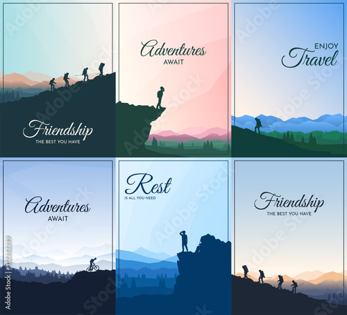 Vector brochure cards set. Travel concept of discovering, exploring and observing nature. Hiking. Adventure tourism. Flat design template of flyer, magazine, book cover, banner, invitation, poster. 