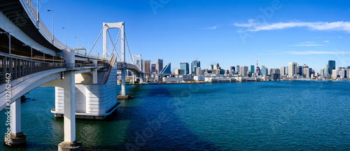 View of Tokyo skyline from Rainbow bridge, Japan.