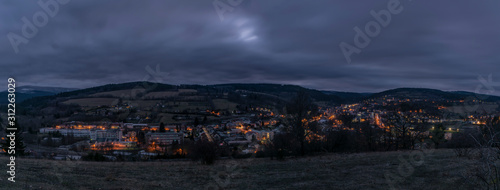 View over Vimperk town in winter dark cold evening