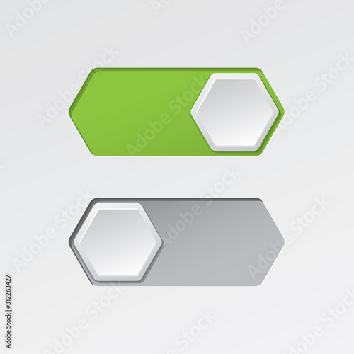 On and Off Hexagonal Blank Toggle Switch Buttons Modern Devices User Interface Mockup or Template - Green and Grey on White Background - Gradient Graphic  Design