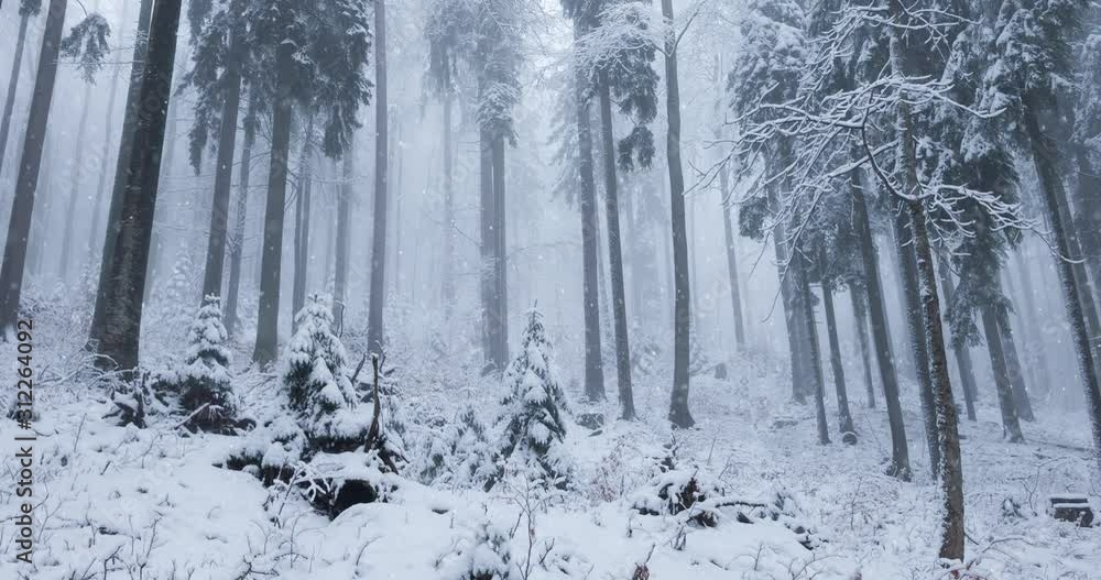 Snow falling in beautiful foggy mountain forest. Snow falling in beautiful foggy mountain forest.
