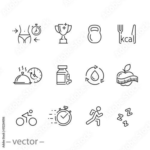 gym icon set, sport fit exercise, workout fitness, nutrition diet, health lifestyle and more, thin line web symbol on white background - editable stroke vector illustration eps10