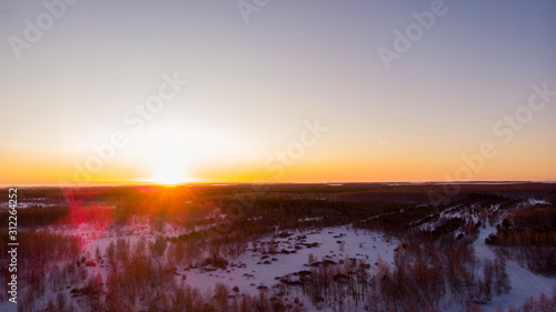 Winter forest  beautiful sunset  aerial view