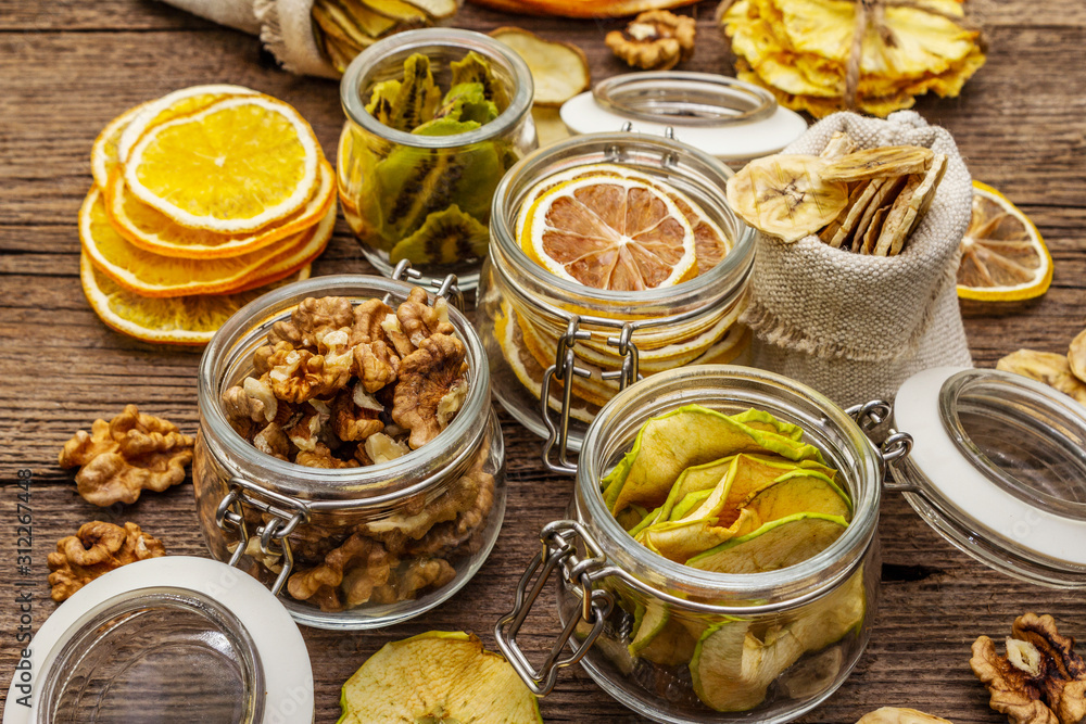 Zero waste food shopping concept. Assortment of dried fruits, walnuts. Sustainable lifestyle Zero waste food shopping concept. Assortment of dried fruits, walnuts. Sustainable lifestyle