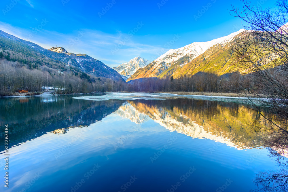 Monte Bianco, italian alps reflected in a lake