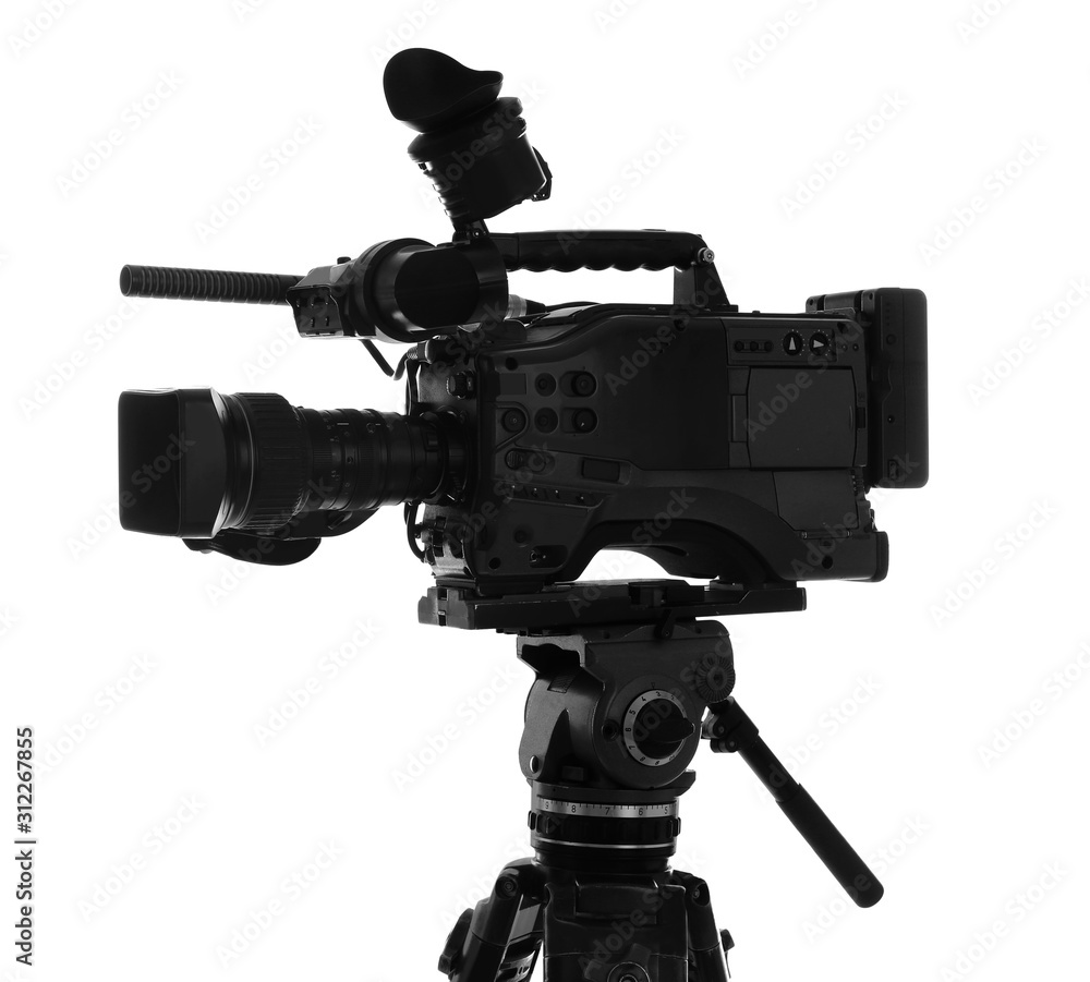Modern professional video camera isolated on white