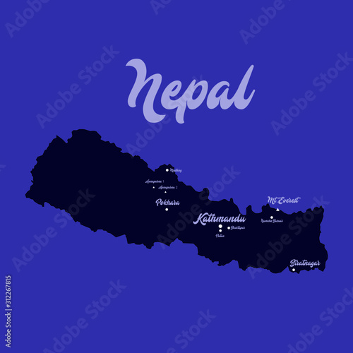 Detailed blue flat map of Nepal country with main tourist cities and mountains of Himalayas. Illustration. Purple background.