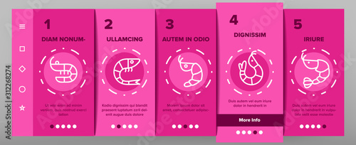 Shrimp Food Onboarding Mobile App Page Screen Vector. Shrimp Fresh And Cooked, Sushi And Soup, Appetizer And Delicacy Illustrations