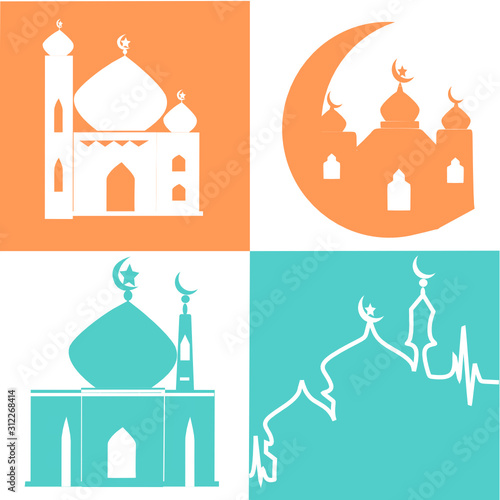 mosque vector icons. Simple illustration set of 4 mosque elements, editable icons, can be used in logo, UI and web design. Green and Orange Mosque and Background. Ramadan Kareem mosque  Illustration